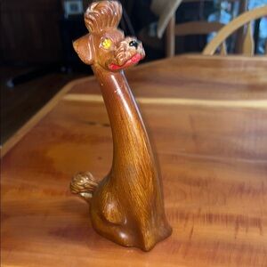 Mid Century Poodle Dog Wood Figurine Collar Yellow Eyes Vintage Modern 5 1/2” H